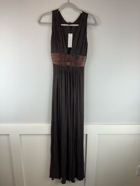 NEW Sky Brown V-Neck Y2K Festival Western Faux Braided Belt Maxi Dress Medium